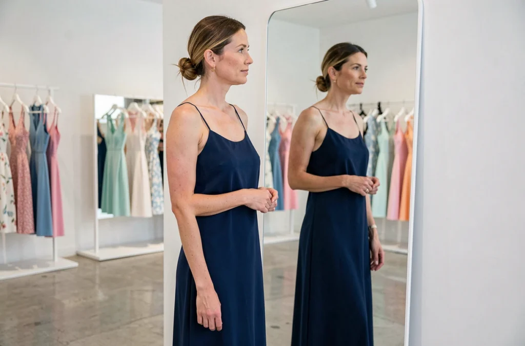 Femme essayant une robe en viscose bleu marine devant un miroir dans une boutique de mode estivale contemporaine