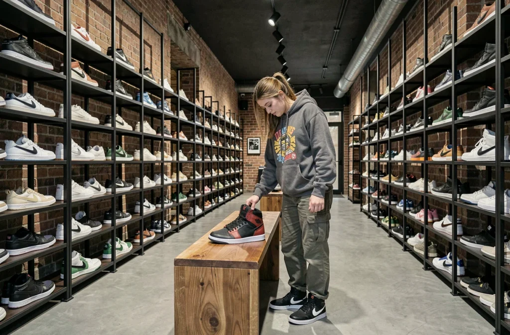 Intérieur sombre et industriel de Footpatrol Paris avec des sneakers exclusives sur des étagères en métal noir