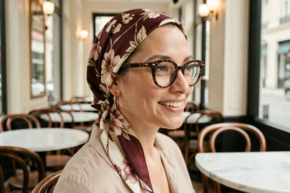 Femme portant un foulard à motifs floraux noué avec des lunettes écaille de tortue et des boucles d'oreilles dorées dans un café parisien