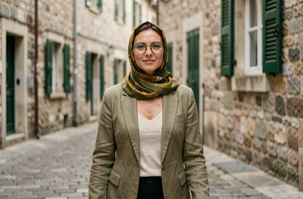 Femme en foulard coton imprimé olive et moutarde avec lunettes rondes et colliers dorés marchant dans une ruelle pavée européenne