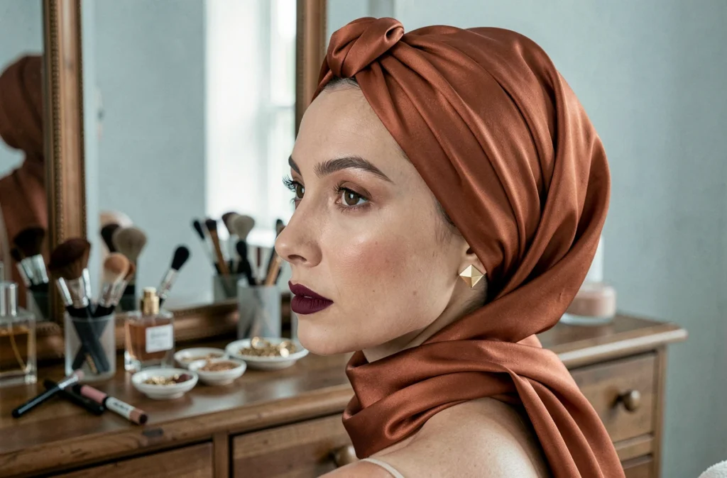 Femme avec un foulard en satin terracotta style turban assortie à un maquillage berry et des bijoux minimalistes devant une coiffeuse