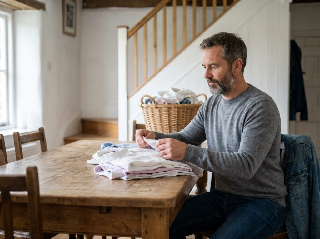 Homme rangeant des vêtements confortables et soignés dans un intérieur familial chaleureux et authentique