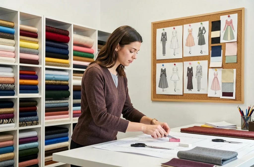 Espace de création de Lyon Couture avec créatrice à la table de coupe et mur d'inspiration en arrière-plan
