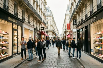 Rue commerçante parisienne avec des magasins de baskets et des passionnés de sneakers devant des vitrines colorées