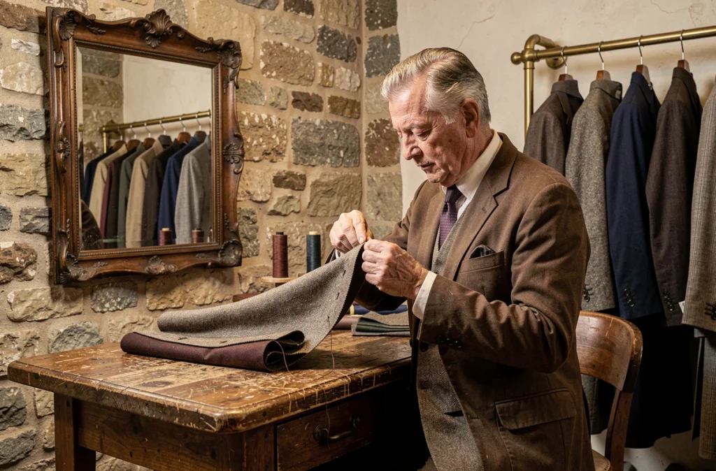 Intérieur traditionnel de la Maison Gérard à Lyon avec tailleur cousant à la main une veste sur mesure