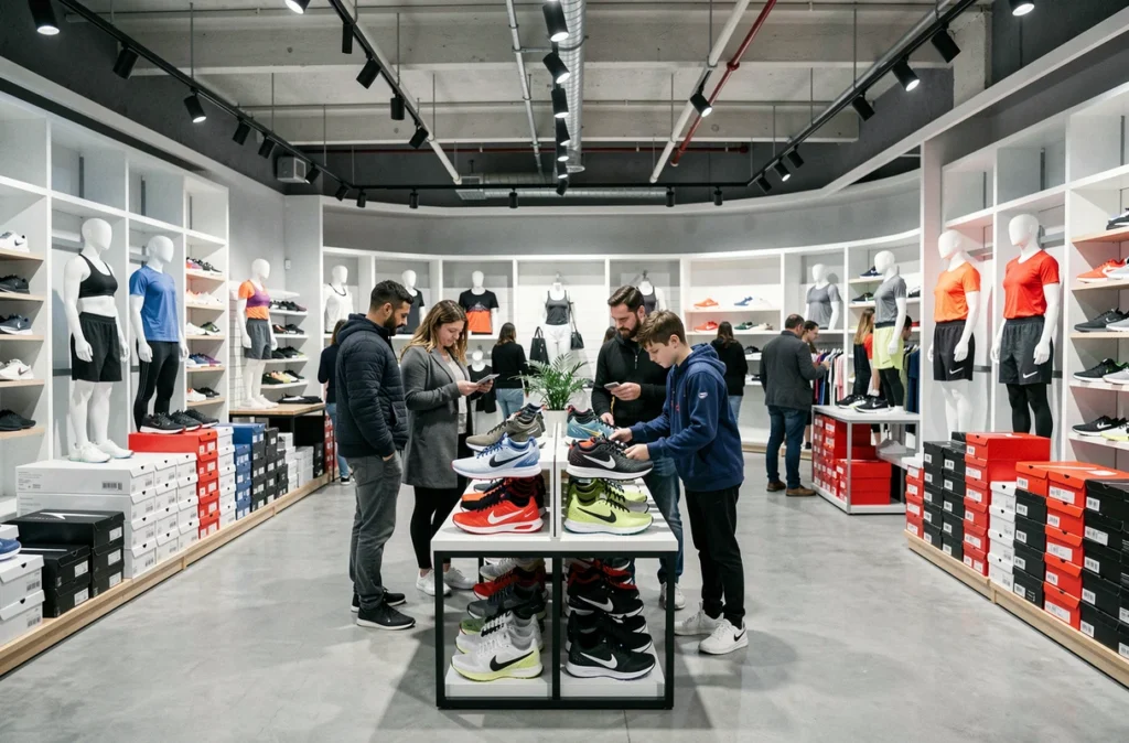Intérieur du Nike Factory Store en Île-de-France avec des rayons remplis de sneakers Nike et des familles en train de shopper