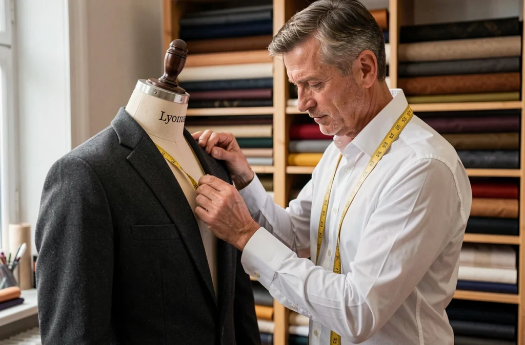 Tailleur professionnel chez NK Tailleurs à Lyon marquant une veste en laine sur un mannequin de couture