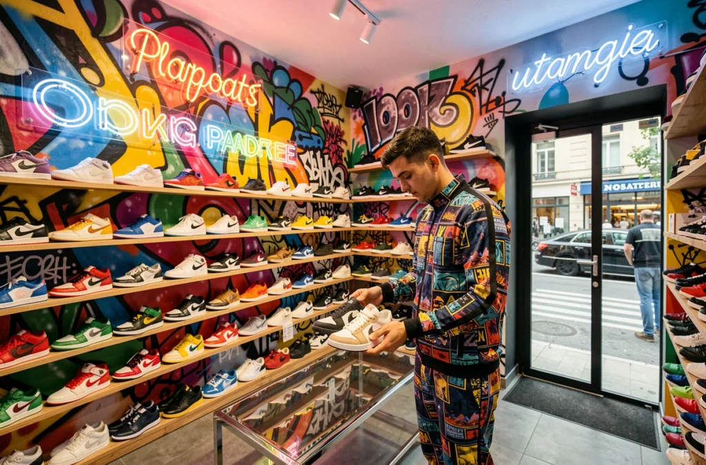 Boutique Opium Paris avec des murs couverts de sneakers colorées et une atmosphère streetwear urbaine