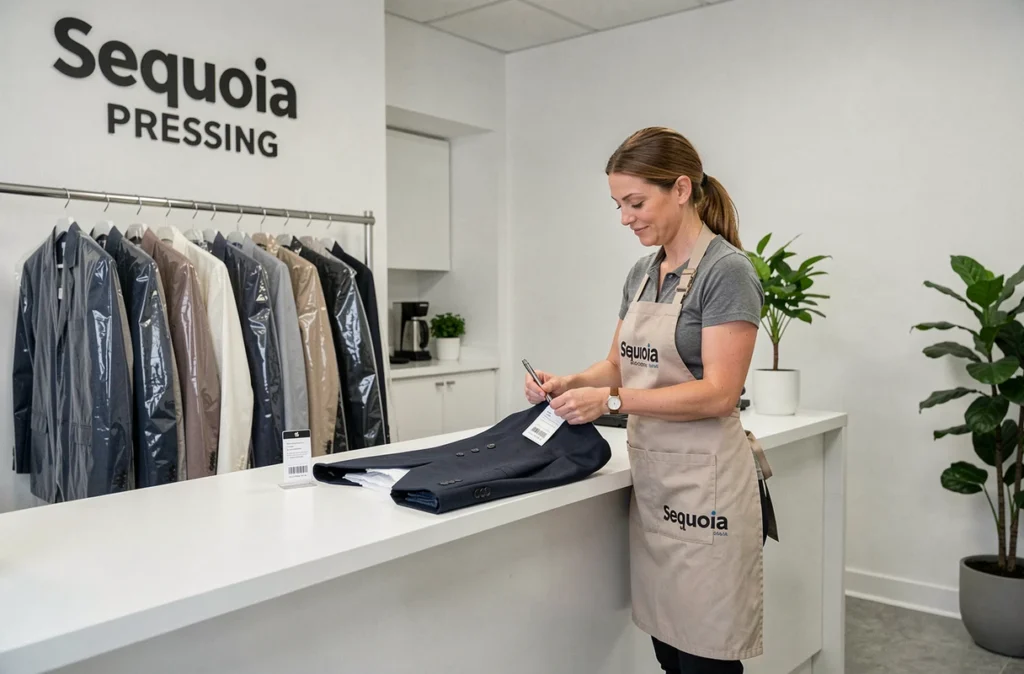 Intérieur propre et moderne du pressing Sequoia à Lyon avec vêtements nettoyés sur cintre