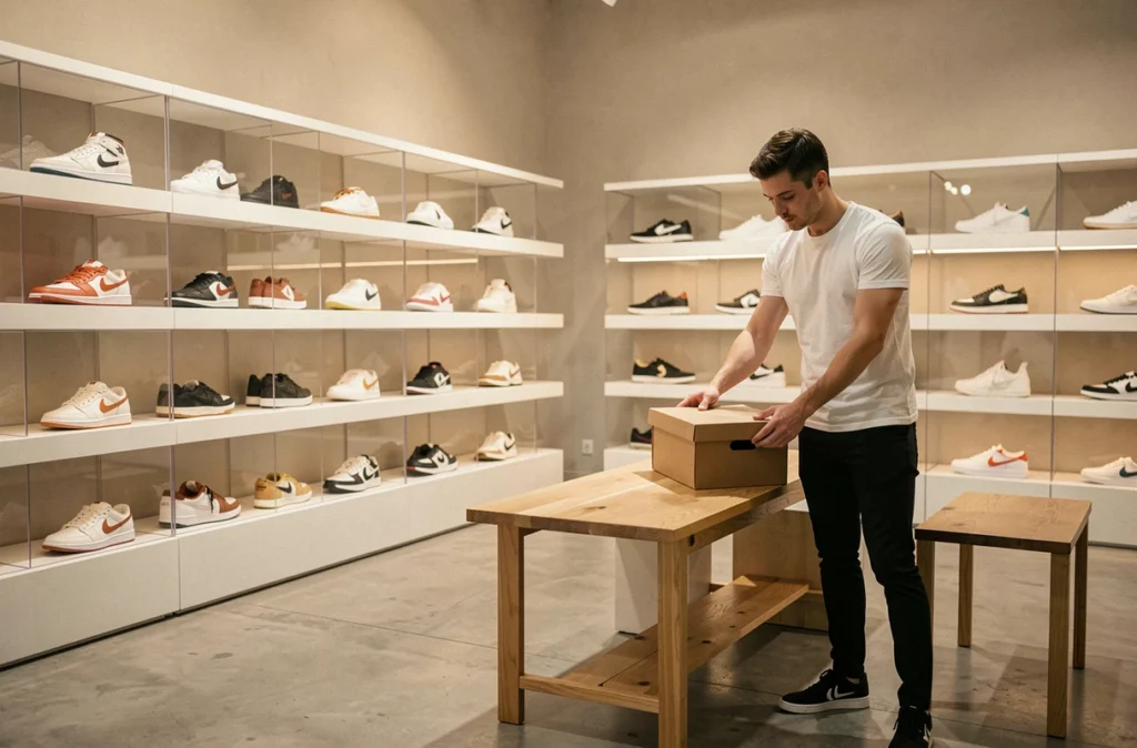 Intérieur épuré de la boutique Shinzo Paris avec des sneakers rares exposées sur des étagères blanches en béton poli