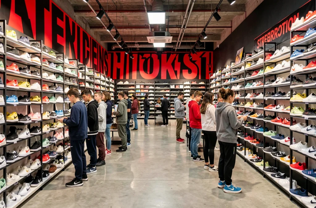 Intérieur spacieux de Snipes Paris avec de larges rayons de sneakers et des clients en train de faire leurs achats