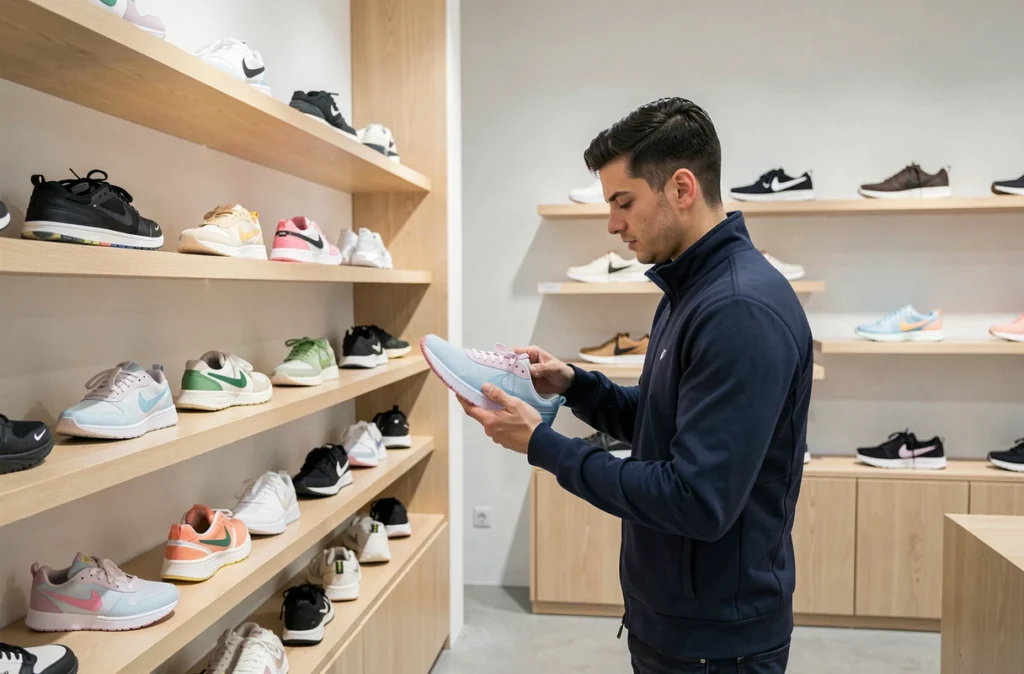Boutique SNS Paris au design scandinave épuré avec des sneakers en édition limitée exposées sur des étagères flottantes