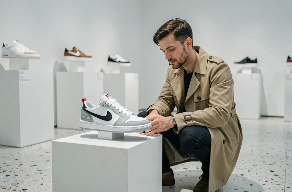 Intérieur de Solebox Paris au style galerie d'art avec des sneakers premium exposées sur des piédestaux blancs