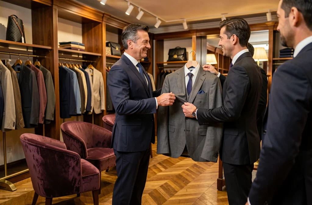 Showroom élégant de Tailleur Bellecour à Lyon avec présentation d'une veste sur mesure à un client