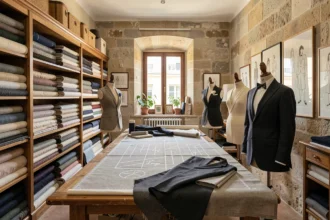 Atelier de tailleur artisanal dans le Rhône avec table de coupe, rouleaux de tissu et mannequins de couture