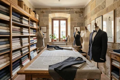 Atelier de tailleur artisanal dans le Rhône avec table de coupe, rouleaux de tissu et mannequins de couture