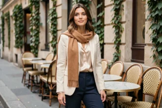 Femme parisienne en blazer crème et pantalon marine transformant sa tenue de bureau pour un week-end décontracté en terrasse de café