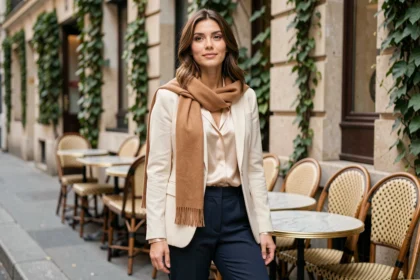Femme parisienne en blazer crème et pantalon marine transformant sa tenue de bureau pour un week-end décontracté en terrasse de café