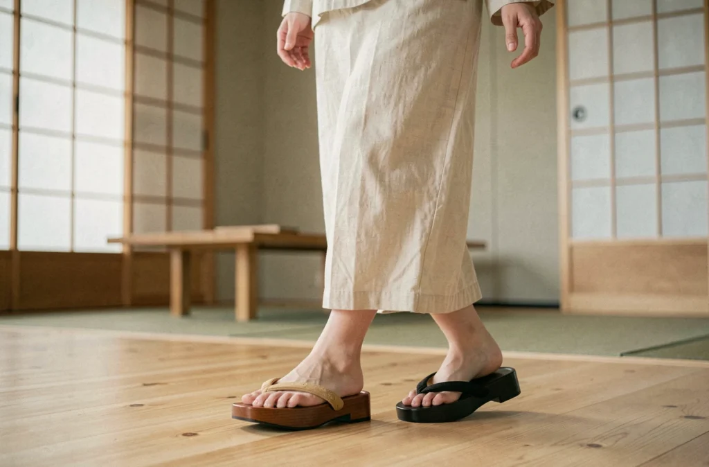 Femme japonaise enfilant des sandales intérieures en bois sur un parquet en hinoki dans une maison traditionnelle avec shoji et mobilier bas